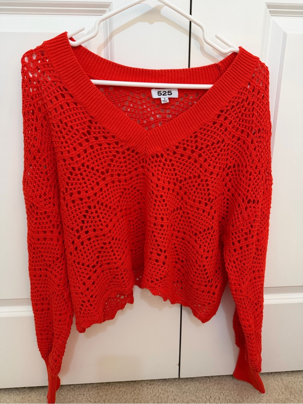 525 America Bright Red Crochet V-Neck Sweater